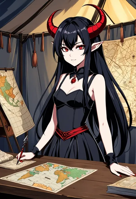  2D anime picture, (anime style 1), girl, 16 years old, sadistic, demoness, small demoness horns, beautiful long black hairstyle, in sexy demon general clothes, stand in big tent in military camp near desk with map, fantasy, Middle Ages, night 