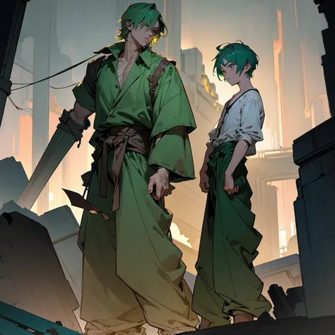 1male, adult, finely detailed onyx eyes, wild short hair, emerald hair, poor clothing, tied around waist, baggy pants, standing on ruined building, night time, somber expression, muscular, goggles, dirty, scars