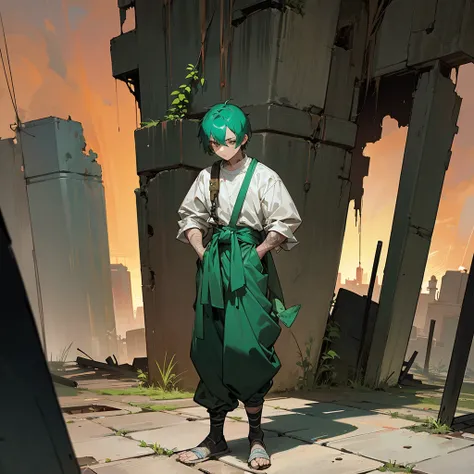 1male, adult, finely detailed onyx eyes, wild short hair, emerald hair, poor clothing, tied around waist, baggy pants, standing on ruined building, night time, somber expression, muscular, goggles, dirty, scars