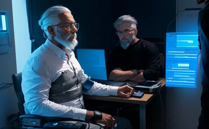 An old man with gray hair, a beard, and glasses, wearing a white shirt, sits on the left side of the picture. He was hooked up to a polygraph machine with a variety of sensors: two black pneumograph tubes coiled horizontally across his chest and upper abdo...