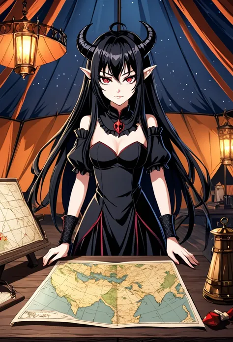  2D anime picture, (anime style 1), girl, 16 years old, sadistic, demoness, small demoness horns, beautiful long black hairstyle, in luxury and sexy demon general clothes, stand in big tent in military camp near desk with map, fantasy, Middle Ages, night 