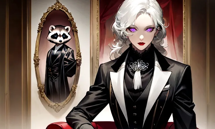 A gracefully poised raccoon, embodying the essence of a sophisticated and elegant TV show presenter. Its pristine white hair contrasts beautifully with its dark smokin, exuding a sense of refinement and style. The image, whether a painting or a digital ill...