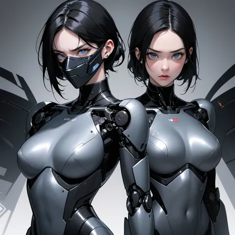 a girl with a full black robotic body, featuring sleek and high-tech components. She has short black hair, blue eyes, and an angry expression. She wears a robot mask that partially covers her face, blending seamlessly with her polished mechanical limbs and...