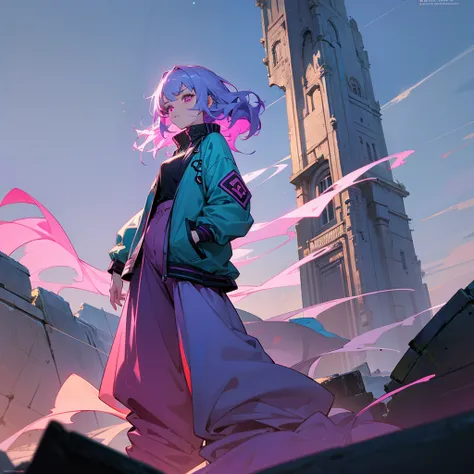 1female, adult, finely detailed magenta eyes, wavy medium hair, pale blue hair, jacket, baggy pants, standing on ruined building, night time, serious expression