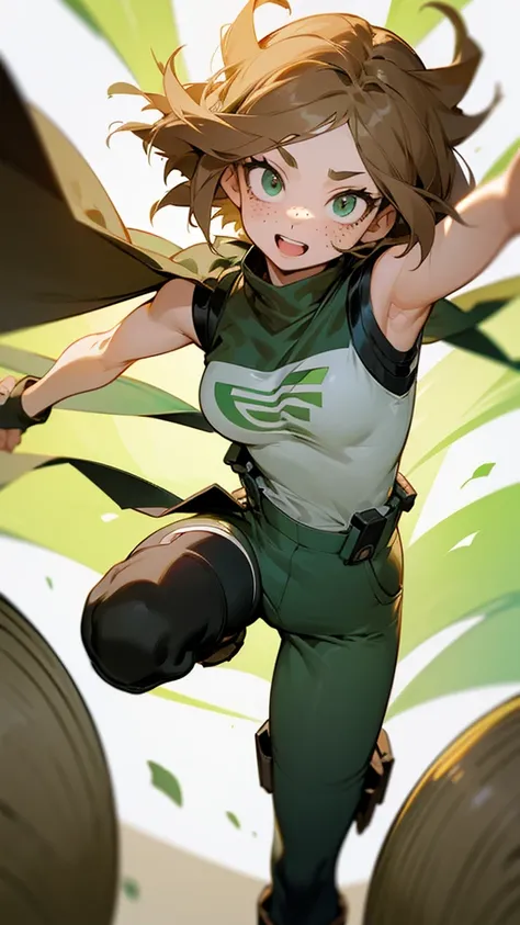 A girl with short fluffy light brown hair and light green eyes with freckles and long eyelashes. Buko no hero academia style. With a sleeveless shirt and pants with hanging black boots. Happy