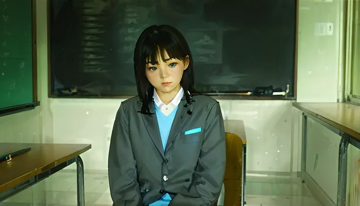 masterpiece, high quality, 最high quality, beautiful, High resolution, Realistic, Perfect lighting, Detailed face, Detailed body, 1 person, Black Hair, blue eyes, Masculinity, Suit Uniform, (Dull expression: 1.5) (Face Natural: 1.5), sitting in classroom