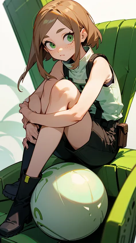 A girl with short fluffy light brown hair and light green eyes with freckles and long eyelashes. Buko no hero academia style. With a sleeveless shirt and pants and hanging black boots. Sitting. 