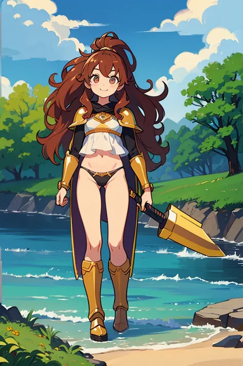 One Girl、Perfect functionality, (masterpiece), (Highest quality:1.4), High resolution、low length、13 years old、A cheerful smile、Wavy long hair, Thick curly hair, ponytail、Bikini Armor、Plein Air、(whole body:1.4)、Standing posture、sword, Cape