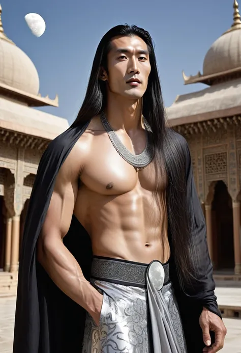 huge sexy masculine inflated tall man with long flowing straight hair in full height with open eyes, Looking Forward, on his face there are two black stripes on his cheeks - the moon god, Asian appearance, topless, in a floor-length silver skirt, semicircu...