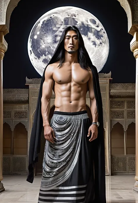 huge sexy masculine inflated tall man with long flowing straight hair in full height with open eyes, Looking Forward, on his face there are two black stripes on his cheeks - the moon god, Asian appearance, topless, in a floor-length silver skirt, semicircu...