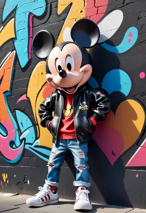 Mickey Mouse em estilo 3D hiper-realista, vestindo uma jaqueta de couro preta, ripped jeans and modern sneakers. He is leaning against a colorful graffiti wall, com uma pose relaxada e confiante.