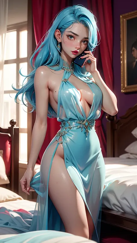 Best quality, Masterpiece, Portrait, Perfect anatomy, Femininity, Cool, Flawless, , Solo, Sexy, Stylish, Mature, Long light blue hair, Mole above lip, Red lipstick, Water drops, Sweat, Wet, Transparent dove sexy dress, in the room he lies on the bed and lo...