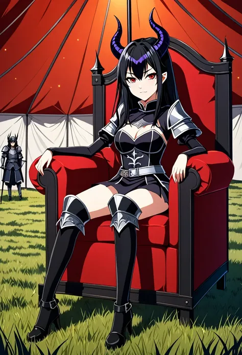  2D anime picture, (anime style 1), girl, 16 years old, sadistic, demoness, small demoness horns, beautiful long black hairstyle, in luxury and sexy demon general knight uniform, sit in chair, in big general tent in military camp, field, fantasy, Middle Ag...