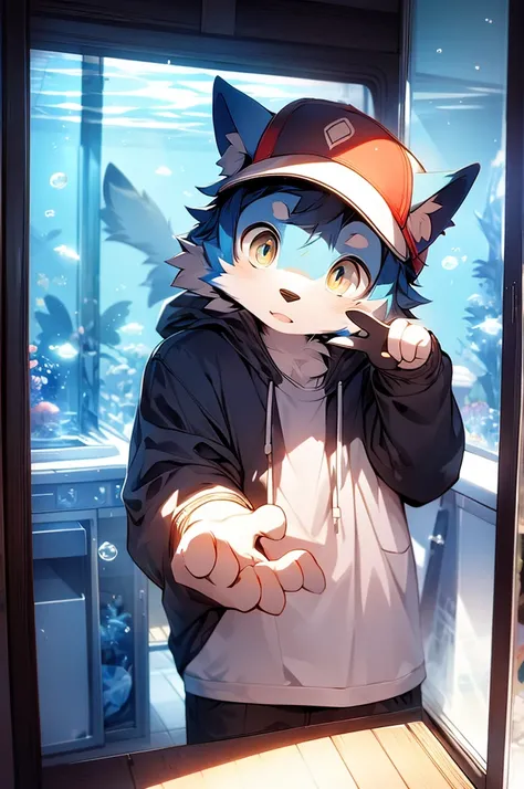 masterpiece, best quality, bright eyes, detailed eyes, furry, wolf, male, baggy clothing, baseball cap, v sign, (head tilt:1.3), high saturation, colorful, detailed background, perfect lighting, shadow, aquarium, window, deep blue theme, bubble