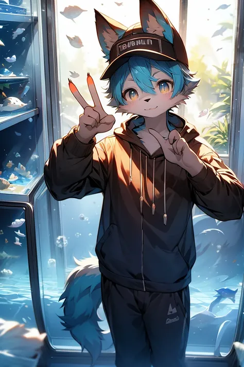 masterpiece, best quality, bright eyes, detailed eyes, furry, wolf, male, baggy clothing, baseball cap, v sign, (head tilt:1.3), high saturation, colorful, detailed background, perfect lighting, shadow, aquarium, window, deep blue theme, bubble