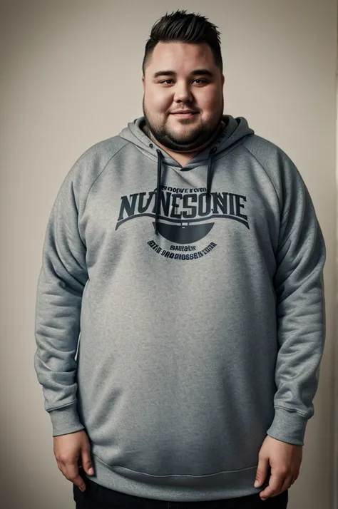 Fat guy with tattoos who has a sweatshirt that has text that literally says nonsense 