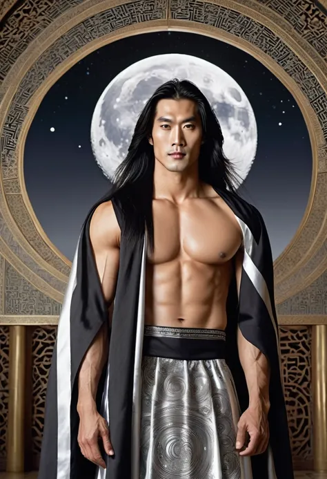 huge sexy masculine inflated tall man with long flowing straight hair in full height with open eyes, Looking Forward, on his face there are two black stripes on his cheeks - the moon god, Asian appearance, topless, in a floor-length silver skirt, semicircu...