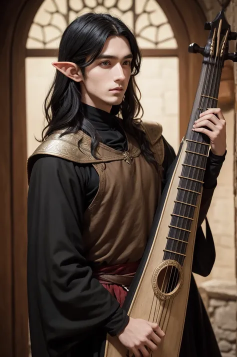 half-low elf, 25 years old, shoulder-length wavy black hair, in basic medieval clothing and a lute on his back