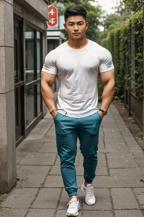 Wonderland, cards of various sizes, coins of various sizes, a young man aged 20, muscular Asian man, dashing and cool, wearing casual clothes and trousers, sports shoes,