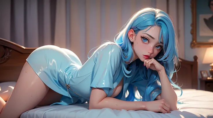 Best quality, Masterpiece, Portrait, Perfect anatomy, Femininity, Cool, Flawless, , Solo, Sexy, Stylish, Mature, Long light blue hair, Mole above lip, Red lipstick, Water drops, Sweat, Wet, Transparent dove sexy dress, lying on the bed in the room and look...