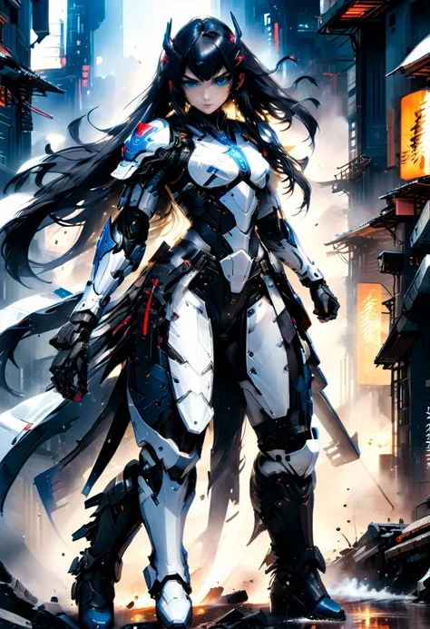 Japanese water color art picture of a mecha samurai woman in cyberpunk city, a mecha samurai woman, exquisite beautiful woman, black hair, long hair, (blue eyes: 1.3), she stands ready to battle, wearing (white mecha armor: 1.3), high heeled boots, she is ...