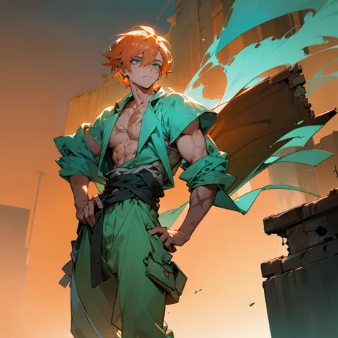 1male, adult, finely detailed turquoise eyes, wild short hair, peach hair, poor clothing, tied around waist, baggy pants, standing on ruined building, night time, somber expression, muscular, goggles, dirty, scars