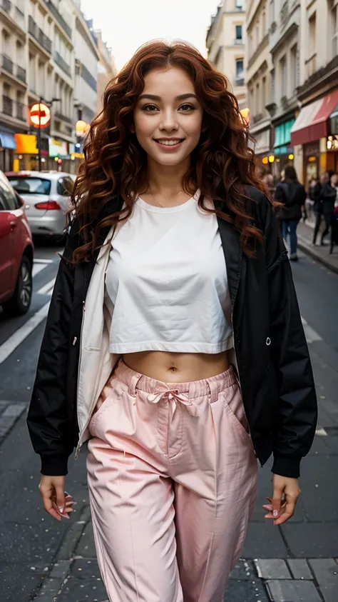 Smiling girl in motion, jumping through the streets of Paris. 

Pink suit pants, pink jacket, white sneakers. Shirt under white jacket

Realistic photo, full body. 

Luminous photo

Full woman photo head and feet

realistic woman, photorealistic portrait o...