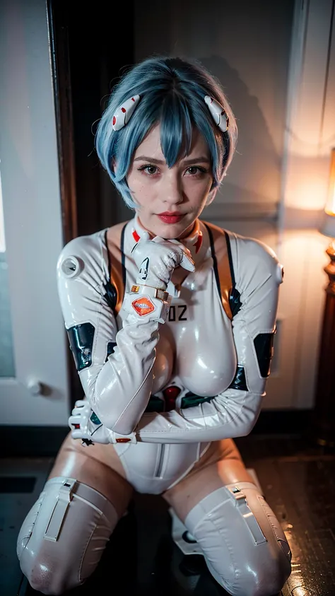 (masterpiece), (best quality), (red eyes), (epiCRealLife), (red lipstick), (cleavage) (j4nu4ryj0n3s) (young woman), (European Model), (Plugsuit), (ayanami_rei plugsuit), interface headset, white bodysuit),(white gloves) (red eyes), (blue hair), (medium bre...