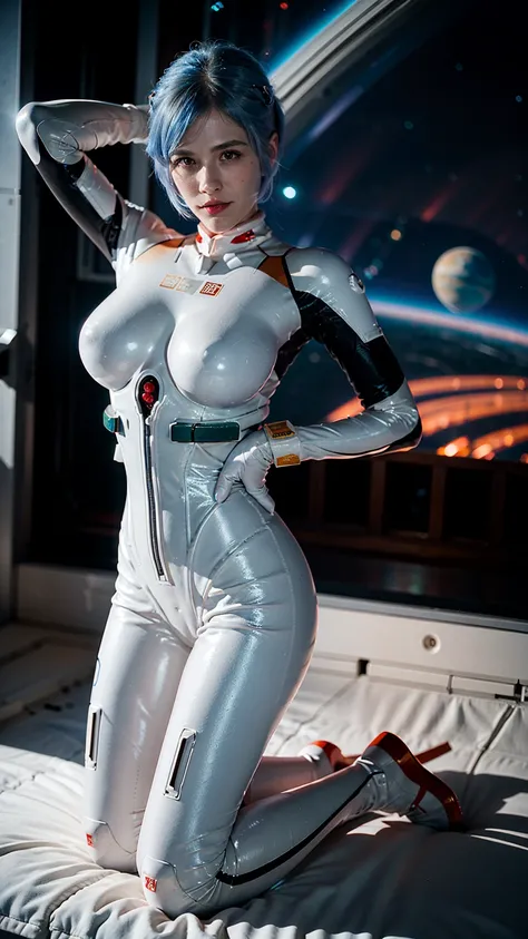 (masterpiece), (best quality), (red eyes), (epiCRealLife), (red lipstick),(cleavage), (j4nu4ryj0n3s) (young woman), (European Model), (Plugsuit), (ayanami_rei plugsuit), interface headset, white bodysuit),(white gloves) (red eyes), (blue hair), (medium bre...