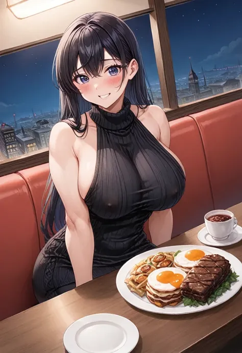 Anime, 2d anime, cartoon anime, detailed illustration, dynamic angle, ultra-detailed, illustration, 1girl, late 20’s year old, dark, night, sitting down in a fancy restaurant, eating dinner at a nice table, nighttime, Big woman, nervous, in tight clothes, ...