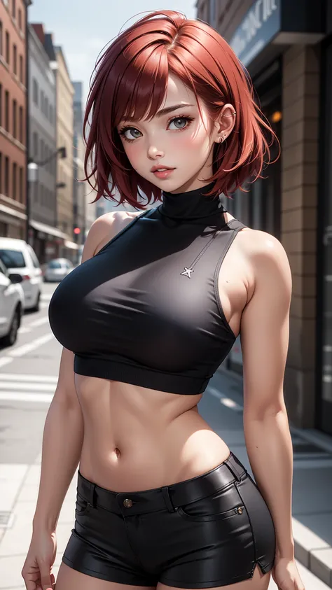 1 babe, red hair, short hair, black crop top, sleeveless, turtleneck, , black shorts, parted lips, large breasts