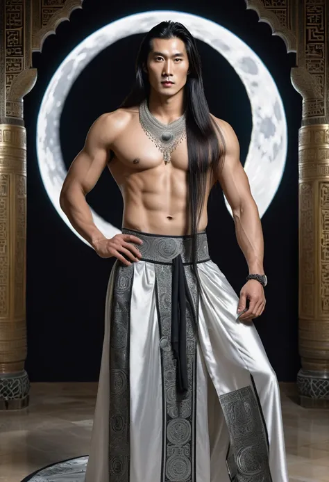 huge sexy masculine inflated tall man with long flowing straight hair in full height with open eyes, Looking Forward, on his face there are two black stripes on his cheeks - the moon god, Asian appearance, silver jewelry, topless, in a floor-length silver ...