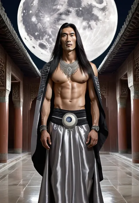 huge sexy masculine inflated tall man with long flowing straight hair in full height with open eyes, Looking Forward, on his face there are two black stripes on his cheeks - the moon god, Asian appearance, silver jewelry, topless, in a floor-length silver ...