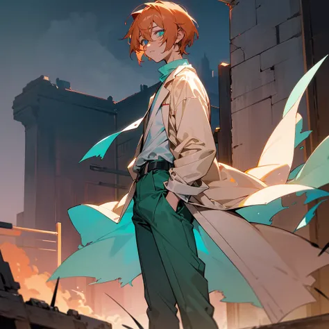 1male, adult, finely detailed turquoise eyes, wild short hair, peach hair, casual clothing, lab coat, standing on ruined building, night time, somber expression, muscular, tired, blacm bags under eyes