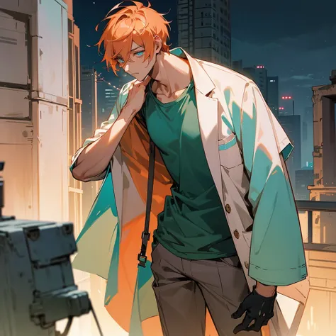 1male, adult, finely detailed turquoise eyes, wild short hair, peach hair, casual clothing, lab coat, standing on ruined building, night time, somber expression, muscular, tired, blacm bags under eyes