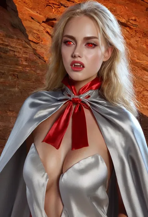 Vampyfangs,(RAW Photo) , (highly detailed:1.20) , ultra realistic :1.10) , 2girls , sexy girls in their 20s , (perfect face:1.20) , (detailed red eyes:1.20) , with long blonde hair in ponytail , (((long silver and gold lined satin cape tied at the neck wit...