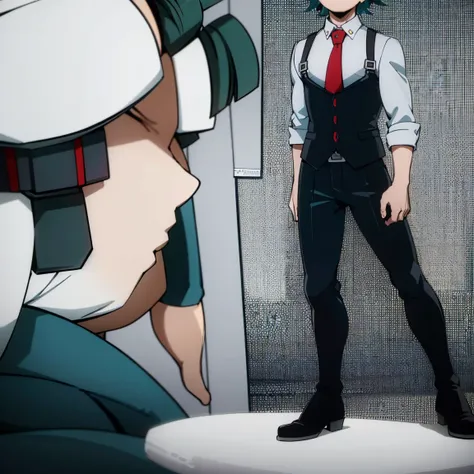 1boy, male focus, boku no hero academia, masterpiece, best quality, very aesthetic, absurdres, medium messy hair, turquoise hair, blue eyes, crying, shy, gray jacket, red tie, white shirt, teal pants, boots 