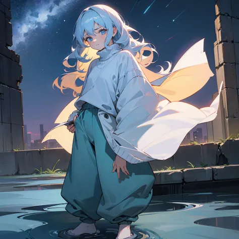 1female, adult, finely detailed sky blue eyes, wavy medium hair, pale azure hair, sweater, baggy pants, standing on ruined building, night time, serious expression