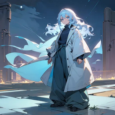 1female, adult, finely detailed sky blue eyes, wavy medium hair, pale azure hair, sweater, baggy pants, standing on ruined building, night time, serious expression