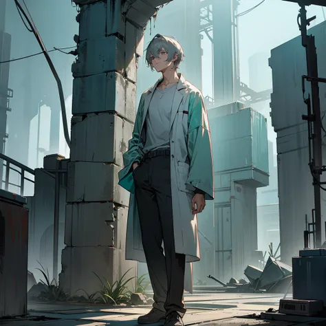 1male, adult, finely detailed turquoise eyes, wild short hair, grey hair, casual clothing, lab coat, standing on ruined building, night time, somber expression, muscular, tired, blacm bags under eyes