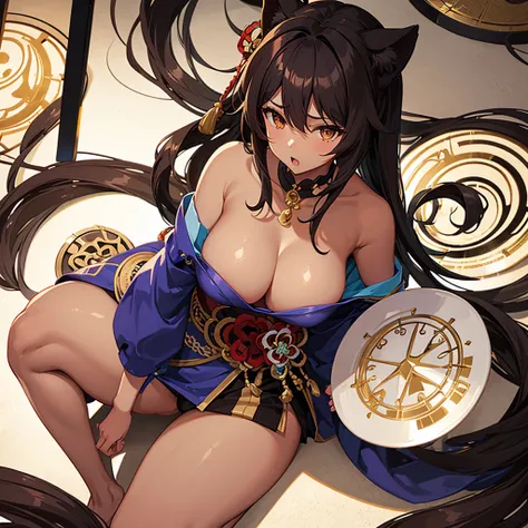 Neko girl with brown skin and dark brown eyes, with big and round breasts, Moaning and get fucked, With feminine clothing in the Genshin Impact style 