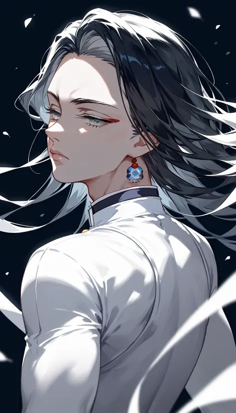 masterpiece, Score_9, Score_8_up, Score_7_up, rear view, 1 man, alone, black hair with silver, layered hair cut, gray eyes, half-closed eyes, lips parted, expressionless, pale skin, bodysuit top, black background, best quality kimetsu no yaiba