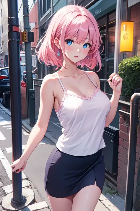 hight resolution, top-quality,  ultra-quality, The ultra-detailliert, lighting like a movie、White camisole、a heer nipples 、In the street、1girl in, Colossal, pink hair, blue eyes, tight tank top, pleaded skirt