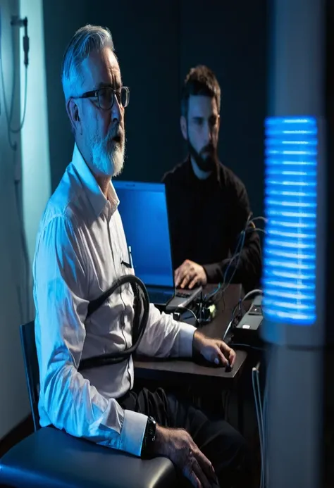 An old man with gray hair, a beard, and glasses, wearing a white shirt, sits on the left side of the picture. He was hooked up to a polygraph machine with a variety of sensors: two black pneumograph tubes coiled horizontally across his chest and upper abdo...