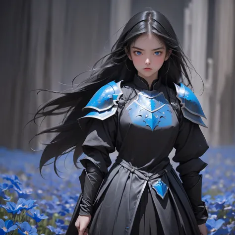 1girl, short black eyes, blue eyes, full black knight armor, black knight armor, standing in the middle of a vast blue flower field, angry face, 8K, Hi-Res