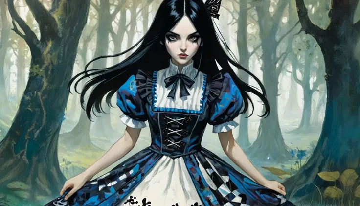 1girl, expressive black eyes, black hair, black patterned clothes dress ready for the battle, in wonderland, ink dyeing style, a...