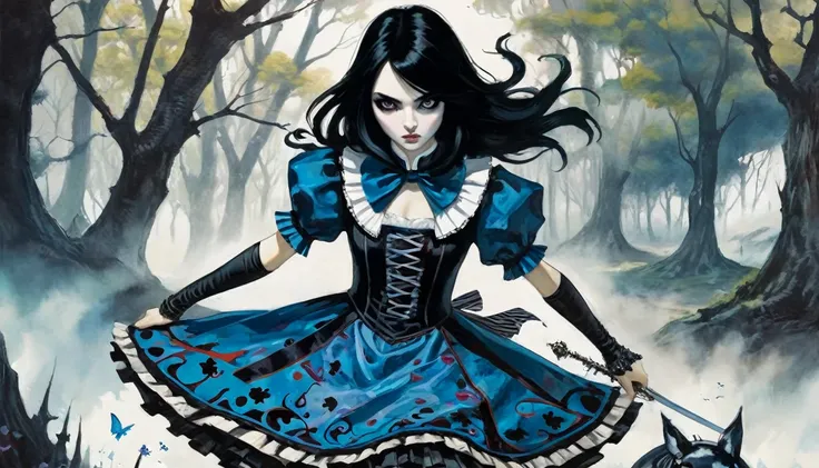 1girl, expressive black eyes, black hair, black patterned clothes dress ready for the battle, in wonderland, Ink Dyeing style, American McGees Alice style