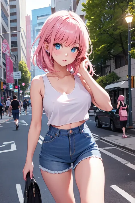 hight resolution, top-quality,  ultra-quality, The ultra-detailliert, lighting like a movie、a heer nipples 、In the street、1 teen girl, in, Colossal, pink hair, blue eyes, tight tank top, jean shorts