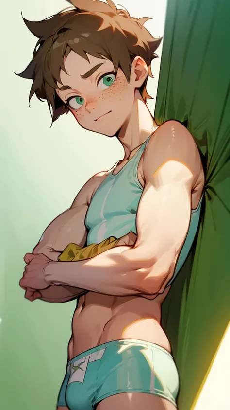 A boy with short fluffy light brown hair with light green eyes with freckles and long eyelashes Buko no hero academia style In underwear 