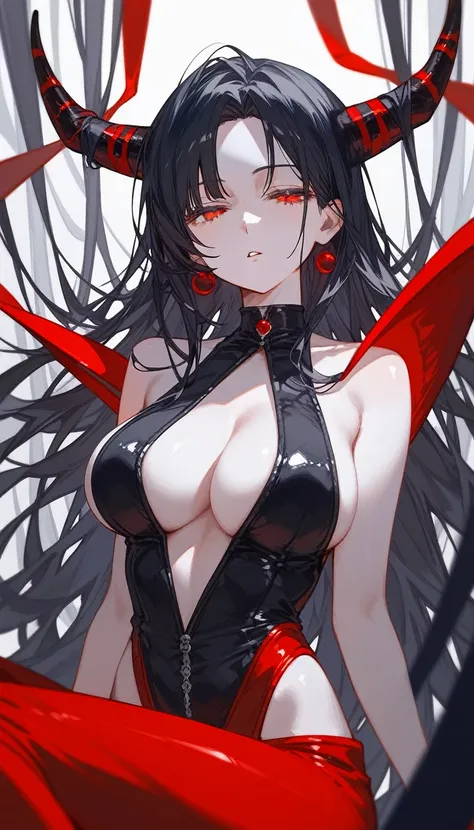 masterpiece, Score_9, Score_8_up, Score_7_up, front view, 1 woman, alone, black hair with red, long hair, parted bangs, dark red eyes, half-closed eyes, parted lips, expressionless, pale skin, large breasts, body suit, black bottom, best quality, horns up,...